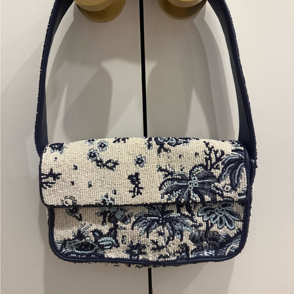 STAUD Tommy Navy and Cream Beaded Shoulder Bag NWOT